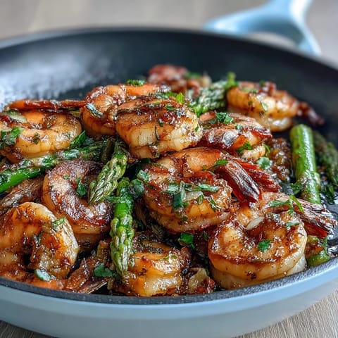 Vibrant Healthy Easy One-Pan Lemon Garlic Shrimp and Asparagus with golden shrimp and crisp green asparagus.