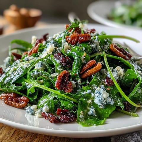 A vibrant arugula salad with lemon vinaigrette, topped with delicate Parmesan shavings and toasted pine nuts for crunch.