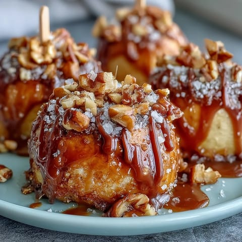 Crisp apple wedges coated in golden caramel, finished with a decadent drizzle of dark chocolate, perfect for fall gatherings.
