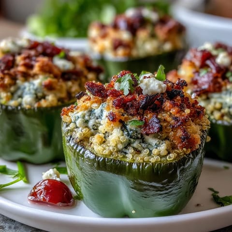 Colorful bell peppers stuffed with quinoa, fresh herbs, and vegetables, baked until tender and fragrant for a wholesome dinner.