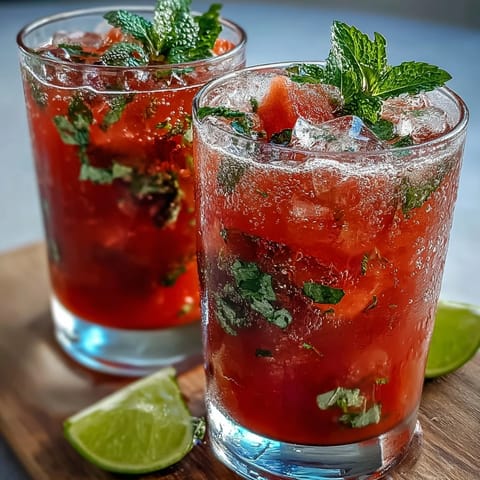 A vibrant watermelon mint vodka spritz mocktail with fresh mint and lime, served over ice in a tall glass.
