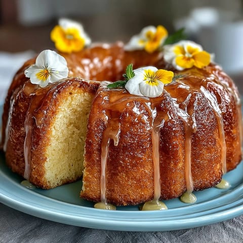 Mothers Day Lemon Drizzle Cake with Edible Flowers on a white plate, lemon glaze glistening and petals scattered around the slice