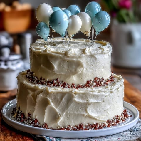 Simple Graduation Cake: Two-Tier with Balloon Toppers, a festive vanilla sponge layered with buttercream and playful balloon decorations.