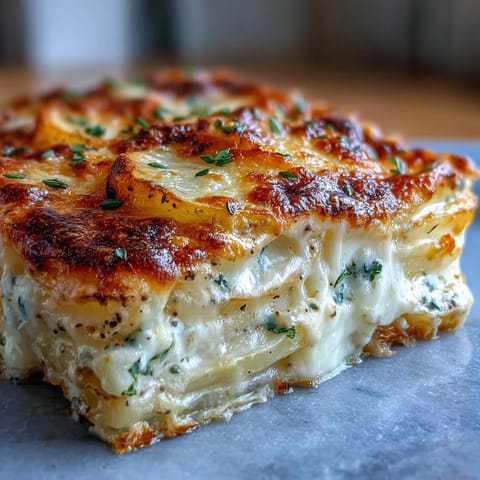 Creamy scalloped potatoes with Gruyere feature golden, bubbling cheese over tender, layered potatoes baked in garlicky cream sauce.