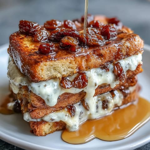 A warm Mexican bread pudding with cinnamon syrup, raisins, and melted cheese, served in a rustic baking dish.
