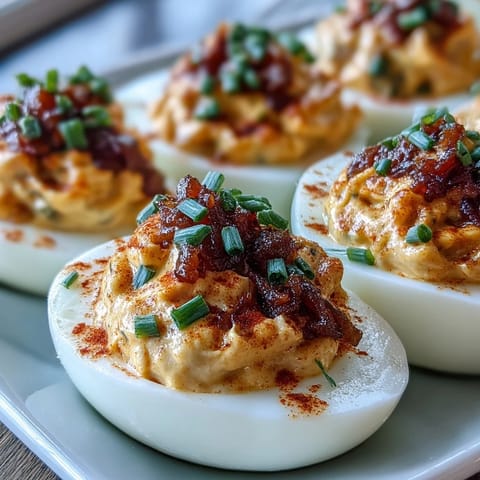Creamy deviled eggs topped with smoky paprika and fresh chives, a classic appetizer for parties or picnics.