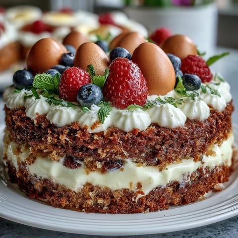 Festive Easter dessert table featuring carrot cake, pavlova, and lemon tart with fresh fruit.
