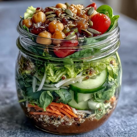 Colorful mason jar salads packed with quinoa, chickpeas, and crisp vegetables—perfect for quick lunches.