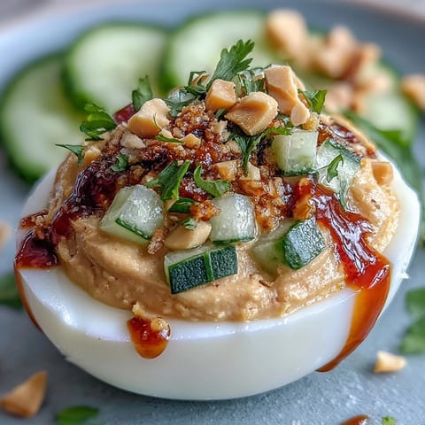 Thai Peanut Deviled Eggs with Cucumber Relish - Creamy deviled eggs infused with spicy peanut sauce, garnished with crunchy cucumber relish and fresh cilantro.