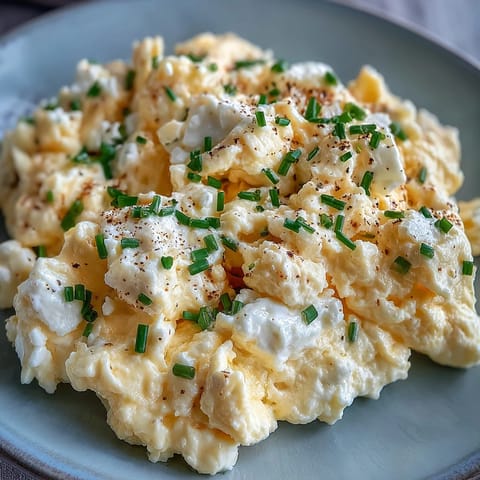 Fluffy cottage cheese scrambled eggs with a creamy texture, served in a skillet for a high-protein breakfast.