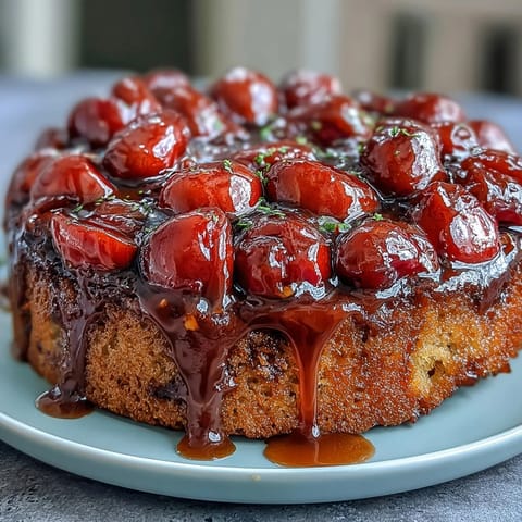 A moist, cherry-studded upside-down cake with a caramelized almond topping, perfect for dessert or teatime.  