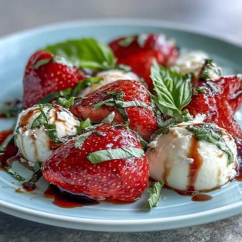 Fresh Strawberry Caprese Salad with Mozzarella, vibrant, sweet, and savory summer delight.