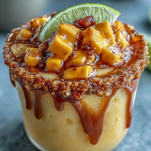 Frozen mango slush cup, a refreshing Cinco de Mayo Mangonada mocktail with sweet chamoy drizzle.