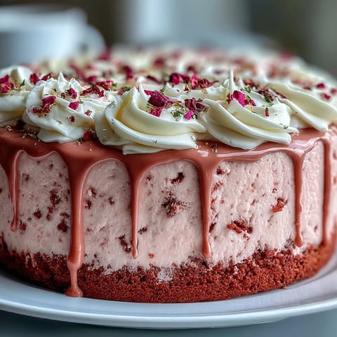 Luscious pink rosé velvet cake frosted with cream cheese, ready for a party.