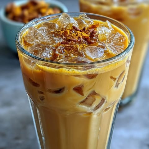 Chilled Turmeric Golden Milk Iced Latte, a refreshing spice blend served over ice.