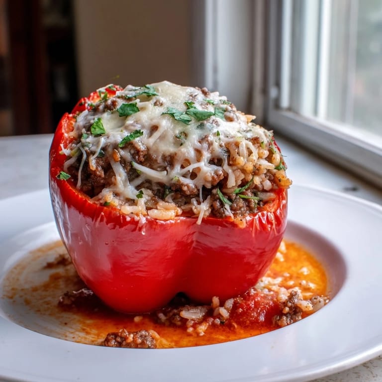 Delicious Stuffed Bell Peppers: a close-up of tender, flavorful filling spilling from colorful peppers.