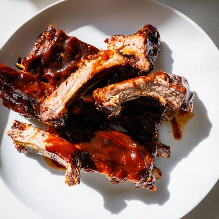 A delicious close-up of tender BBQ ribs with a sticky, caramelized BBQ sauce glaze.