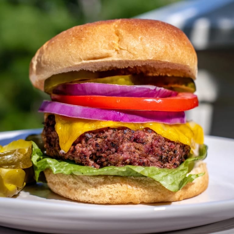 A close-up of a perfectly cooked hamburger, piled high with fresh toppings and melty cheese.