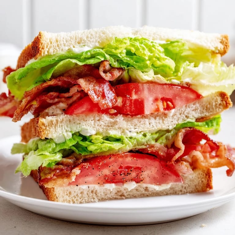 A mouthwatering BLT sandwich showcasing layers of bacon, tomato, lettuce, and creamy mayonnaise on toasted bread.