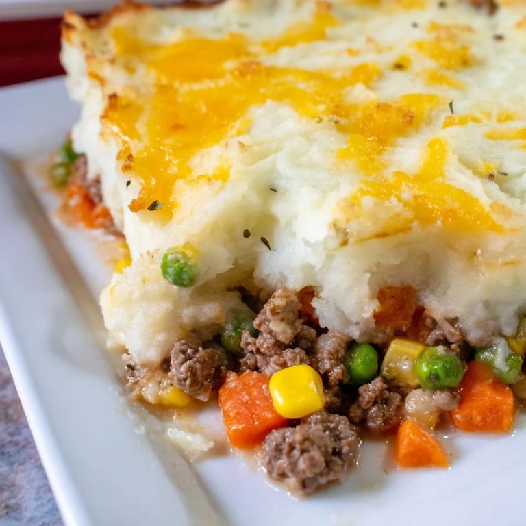 Close-up of a warm, comforting Shepherd's Pie showing a rich meat base topped with fluffy potatoes.
