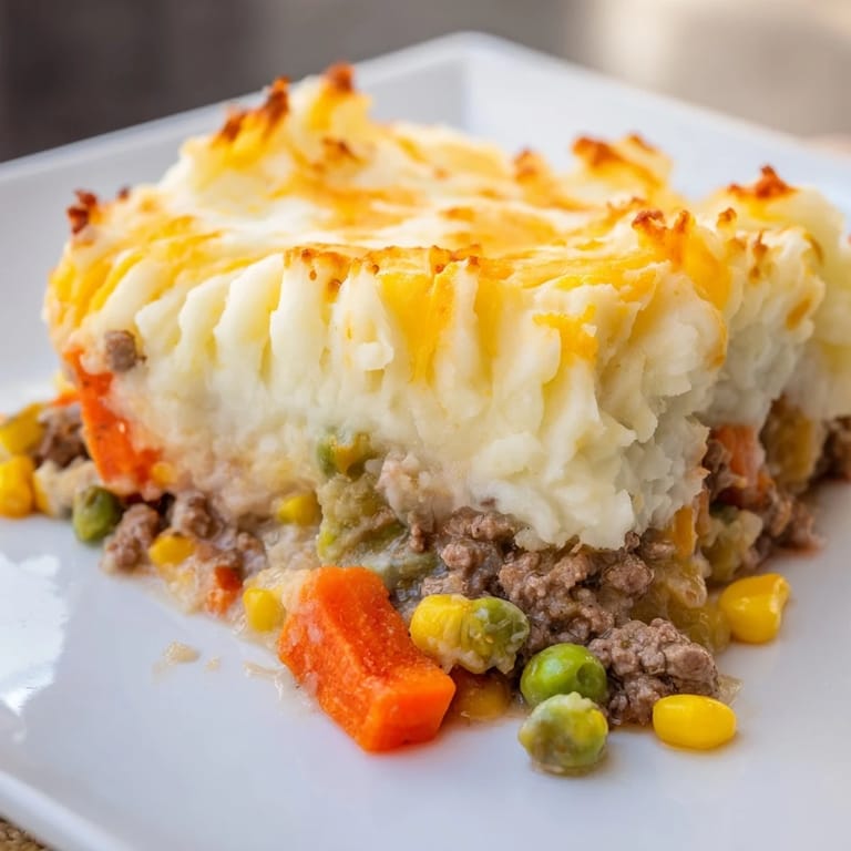 Hearty American Shepherds Pie with savory meat filling visible under the perfectly baked mashed potatoes.