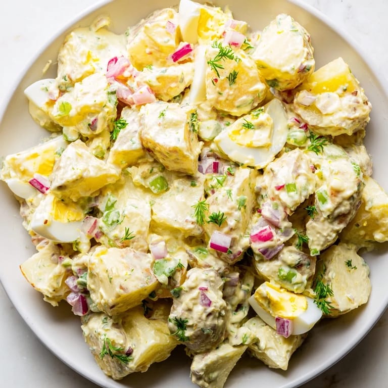 Vibrant potato salad, perfectly seasoned with celery and onion, ideal for a picnic lunch.