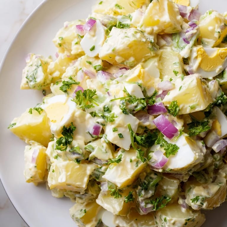 Chunks of tender potatoes in a tangy dressing, a classic American potato salad ready to enjoy.