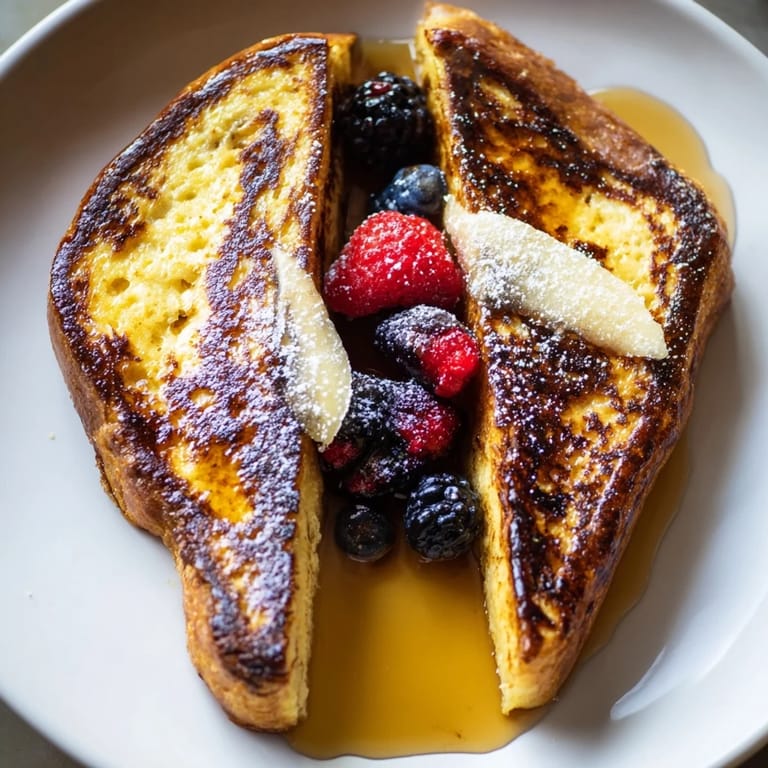 Warm French toast, cooked to perfection, showcasing a sweet, custardy coating and delicious berries.