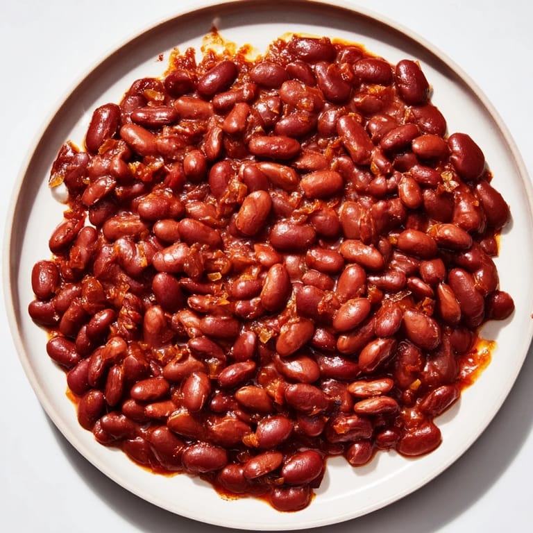 A close-up of savory baked beans, showcasing a rich tomato sauce and tender, cooked beans.