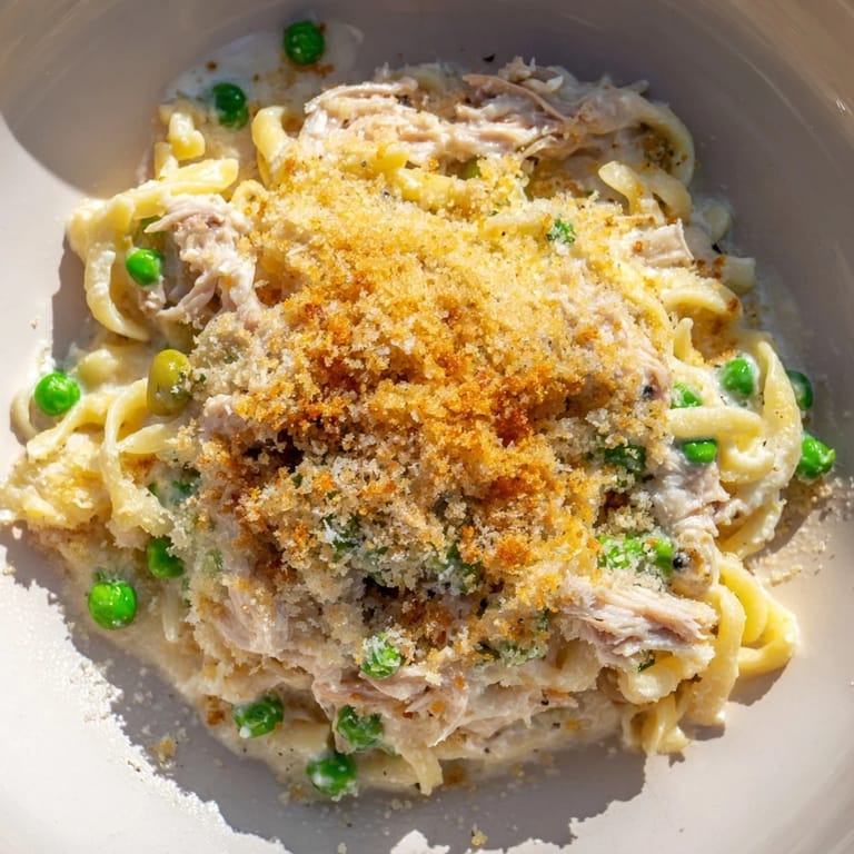Close-up of a warm tuna casserole, topped with golden breadcrumbs, ideal for a satisfying weeknight dinner.