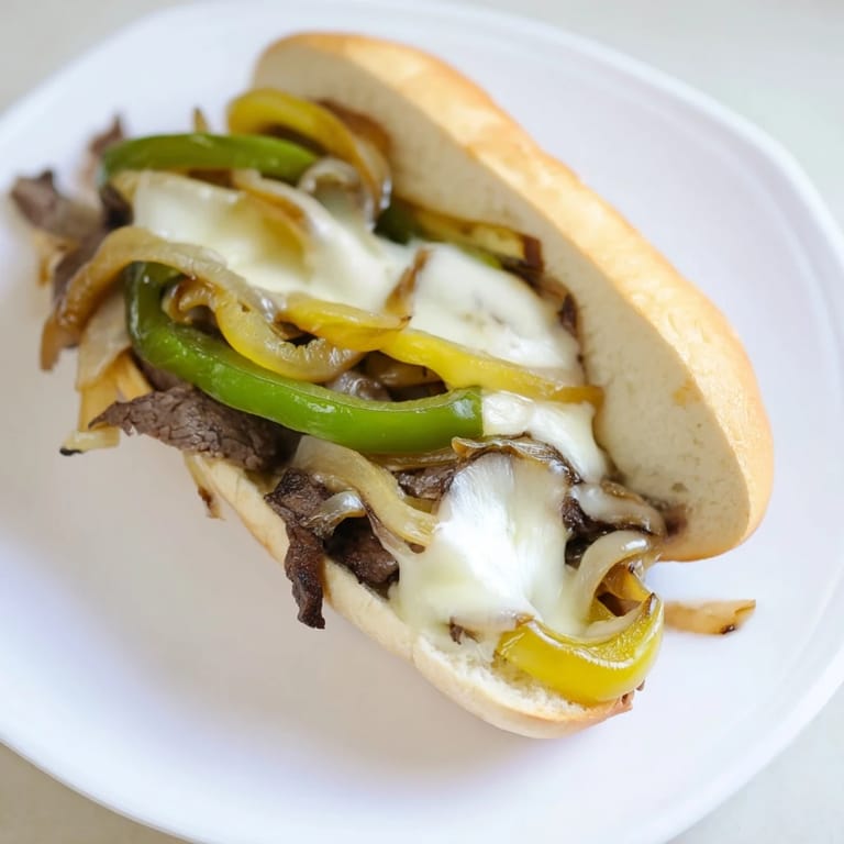 Close-up of a sizzling Philly cheesesteak: tender beef, onions, cheese, ready to eat for dinner.
