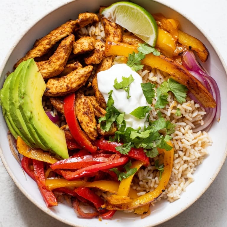 Flavorful Chicken Fajita Bowl, piled high with rice, tender chicken, and fresh toppings like avocado.