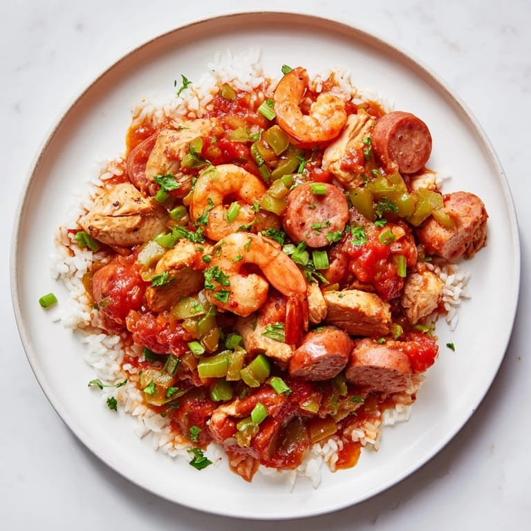 A close-up of a flavorful Jambalaya, showcasing the perfectly cooked shrimp and rice.
