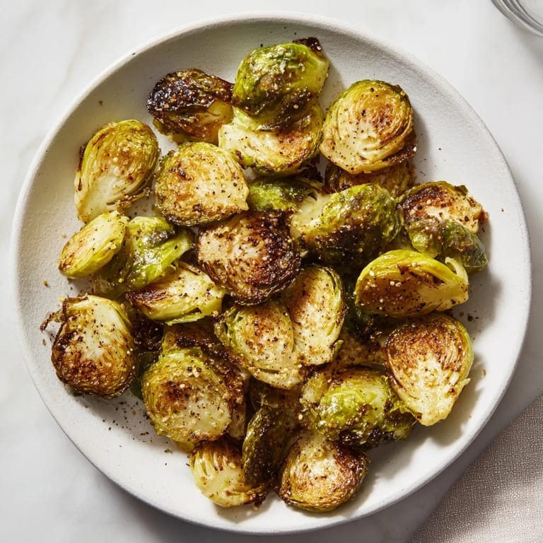 A close-up of the flavorful roasted Brussels sprouts with crispy edges, ready to enjoy alongside a meal.