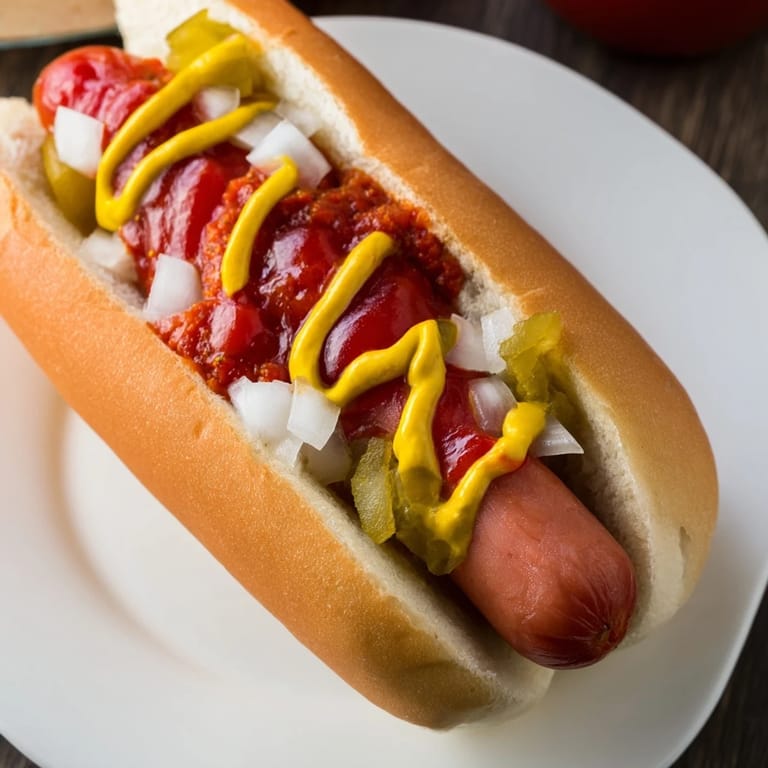Grilled hot dogs with mustard and relish, a quintessential American summer meal, ready to eat.