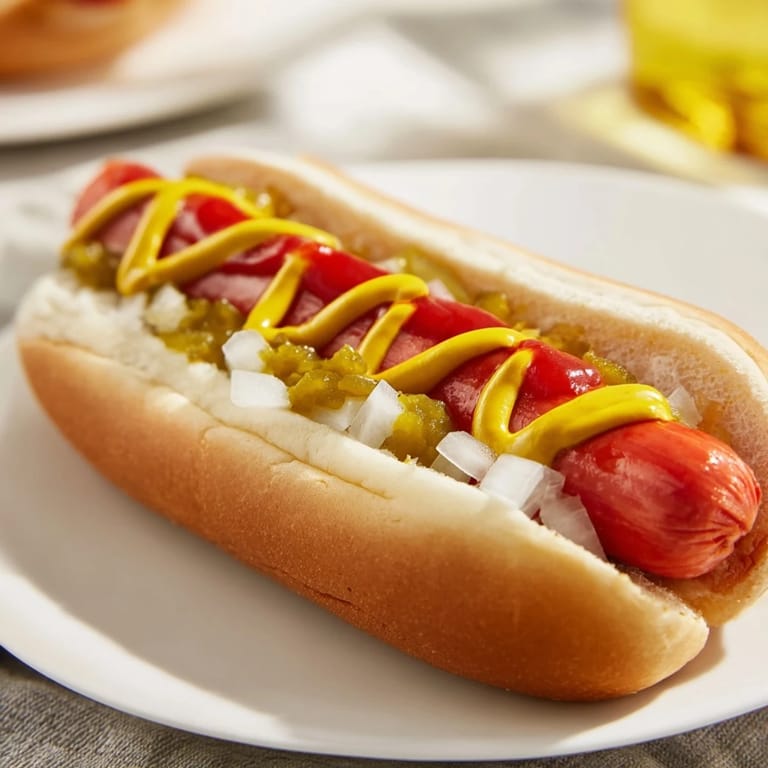 Juicy hot dogs loaded with ketchup, onions, and cheese, a simple recipe, delicious and flavorful.