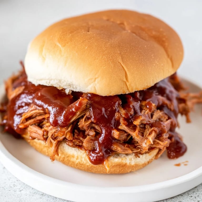 This pulled pork sandwich features shredded pork piled high with tangy BBQ sauce, perfect for lunch.