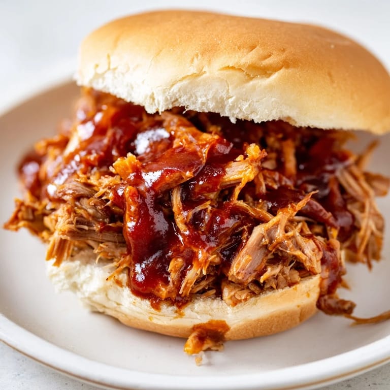 Close-up of a flavorful pulled pork sandwich served on a soft bun with a side of coleslaw.
