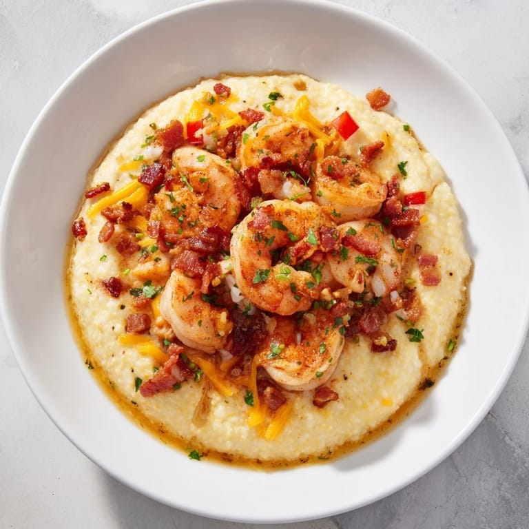 Golden shrimp atop a bed of creamy grits, a delicious rendition of Southern shrimp and grits.