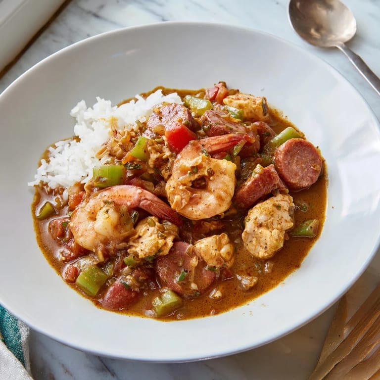 Hearty Louisiana gumbo featuring andouille sausage, chicken, and shrimp with tender vegetables and a flavorful broth.