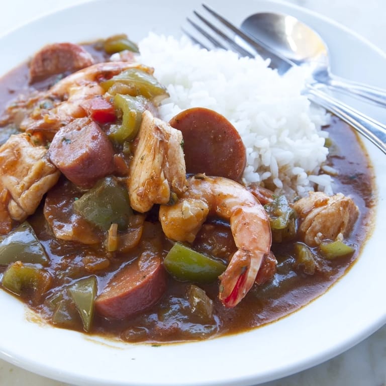 Close-up of a flavorful gumbo, garnished with fresh parsley and scallions, ready to be enjoyed.
