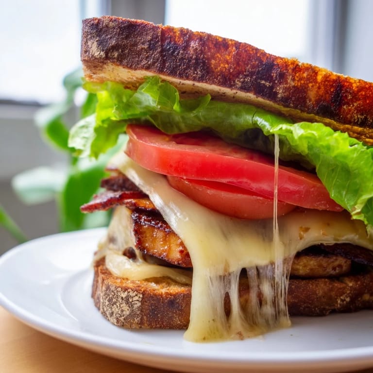 A close-up of a warm Vegan Bacon BLT Grilled Cheese cut in half, revealing layers of plant-based ingredients.