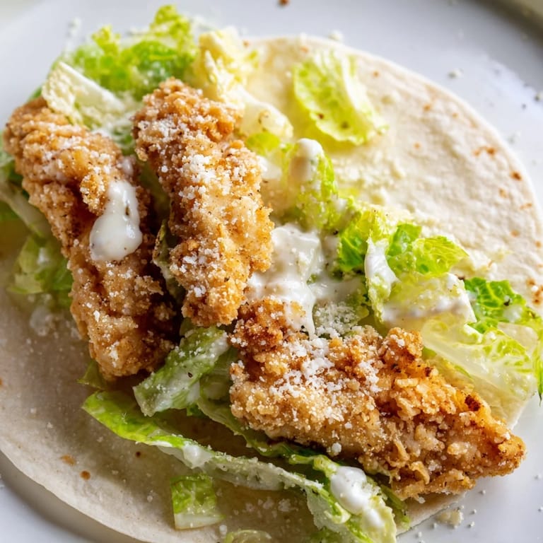 A handheld Crispy Chicken Caesar Wrap served on a plate with lemon wedges, perfect for an easy weeknight dinner.
