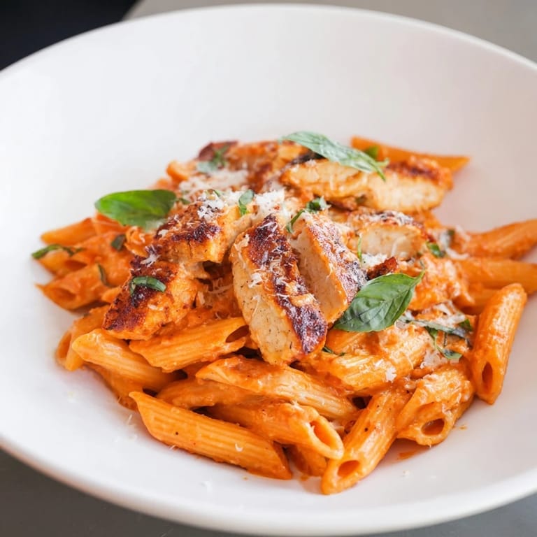 A hearty bowl of Spicy Tomato Chicken Pasta topped with grated Parmesan, perfect for weeknight dinners.