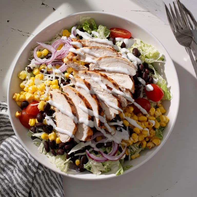 Close-up of a hearty BBQ Chicken Salad bowl with juicy chicken, bright cherry tomatoes, and shredded cheese on a bed of greens.