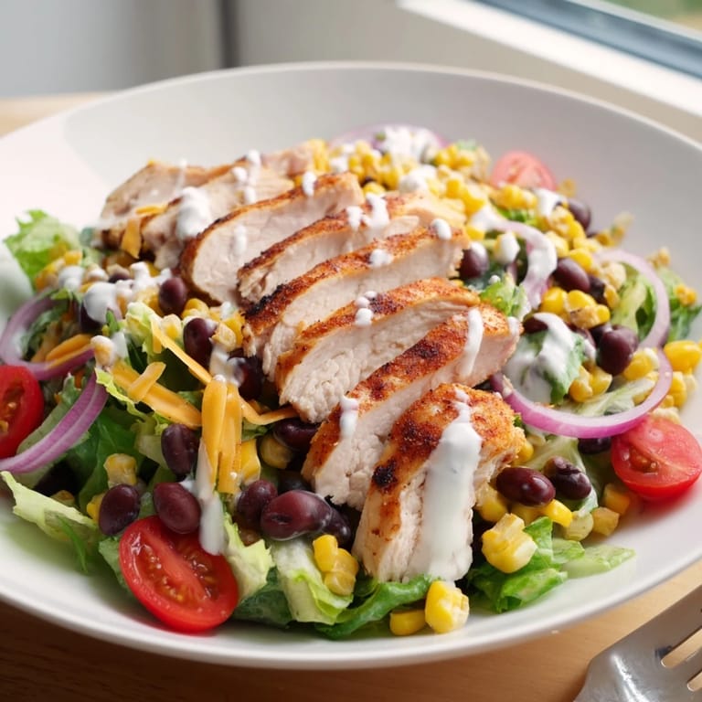 Slice of smoky grilled BBQ chicken rests on a colorful salad of corn, black beans, and avocado with creamy ranch dressing.