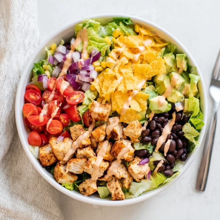 This Chicken Taco Chopped Salad showcases a generous bowl of Tex-Mex flavors, featuring juicy diced chicken, fresh veggies, and a cool, tangy lime salsa ranch topping.