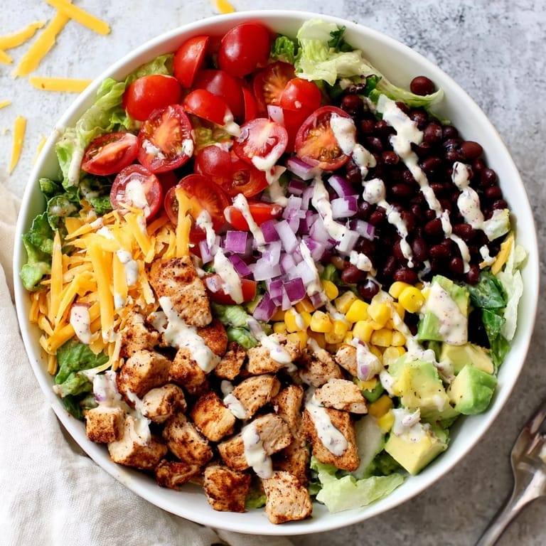 Serving suggestion for Chicken Taco Chopped Salad: a colorful main dish with shredded cheese, halved tomatoes, and crushed tortilla chips for added texture and a zesty finish.