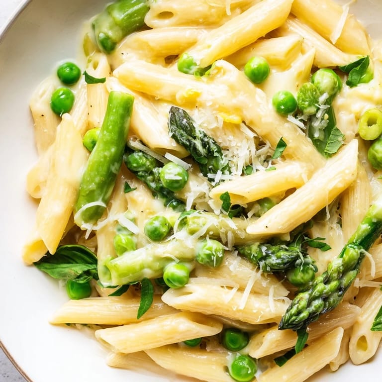 Close-up of steaming Garlic Parmesan Spring Vegetable Pasta showing a luscious sauce coating the penne, with tender spring vegetables and lemon zest.