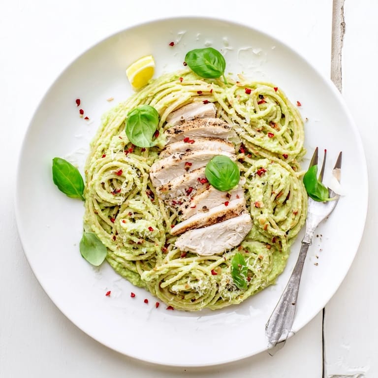 A close-up of Creamy Avocado Chicken Pasta with tender chicken and silky avocado sauce, perfect for a quick, nourishing weeknight dinner.